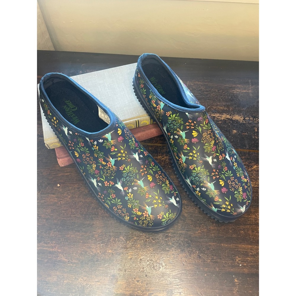Western‎ Chief Garden Clogs Women's 10 Navy Hummingbird Floral Waterproof Shoes